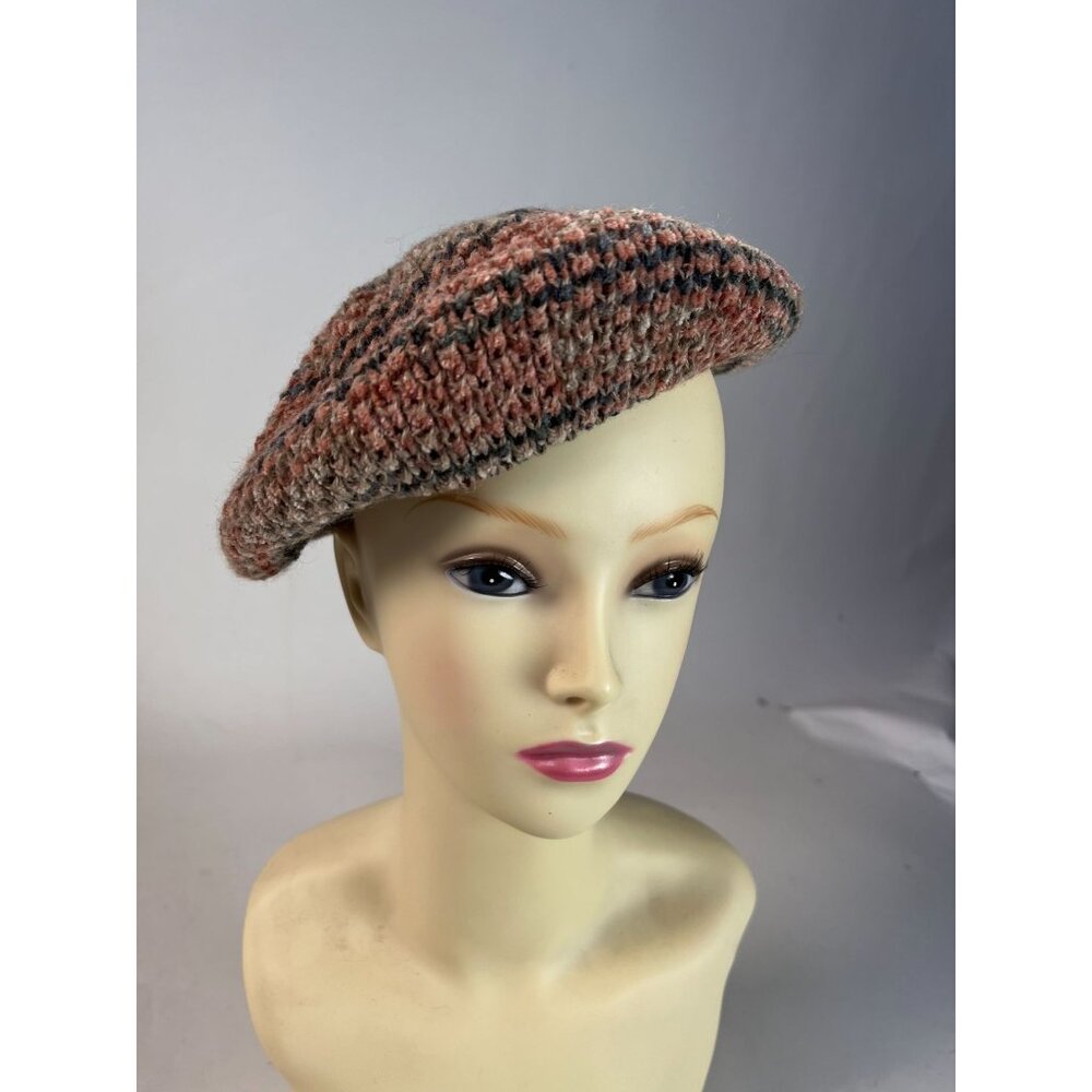 Vintage Hansen Wool & Acrylic One Size Beret In Pink & Gray Stripes Made in USA